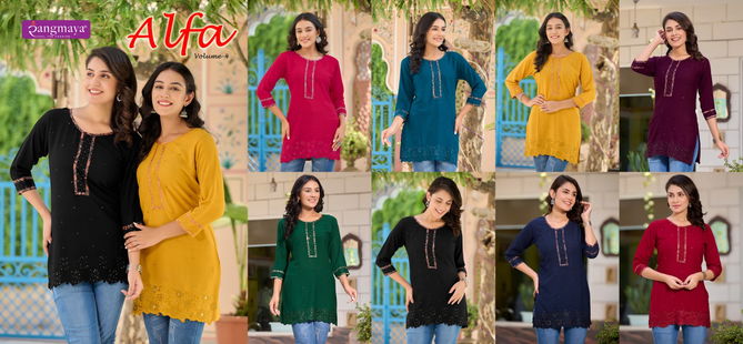 Alfa Vol 4 By Rangmaya Rayon Short Designer Kurtis Wholesale Price In Surat